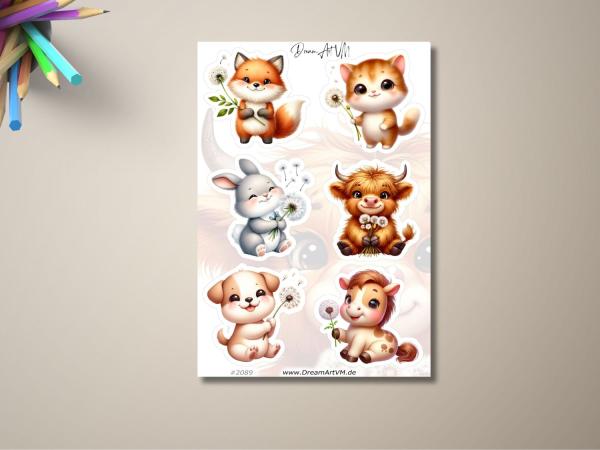 Süße Cartoon-Tieraufkleber: Fuchs, Kätzchen, Häschen, Kalb, Welpe und Kuh, jedes hält eine Pusteblume. Design Nr. 2089 von DreamArt VM.